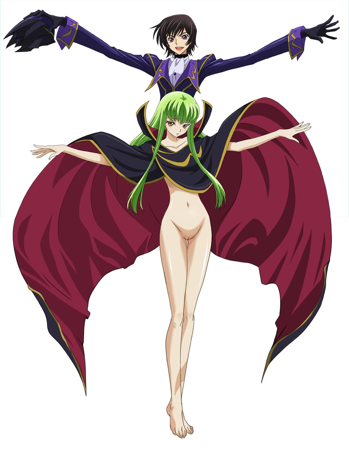 1boy 1girl barefoot black_hair blush bottomless c.c. cape cc clothed_male_nude_female code_geass gloves green_hair highres jpeg_artifacts legs lelouch_lamperouge long_hair looking_at_viewer naked_cape navel no_panties nude nude_filter open_mouth outstretched_arms photoshop purple_eyes pussy short_hair simple_background spread_arms standing thigh_gap thighs uncensored white_background yellow_eyes