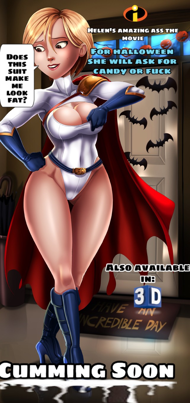 big_breasts cosplay dc dc_comics edit elastigirl halloween helen_parr milf movie_poster poster power_girl power_girl_(cosplay) shadman text the_incredibles