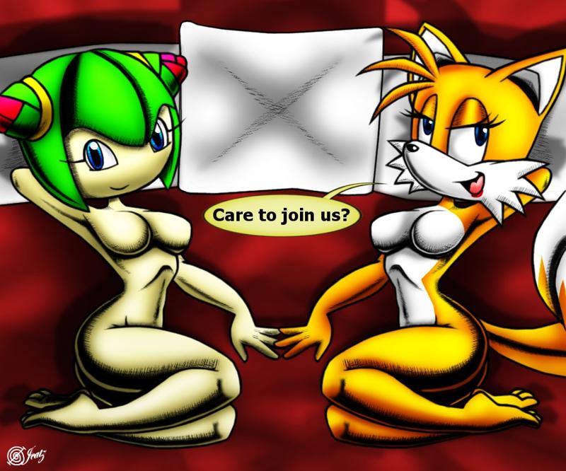 2girls animal_ears blue_eyes breasts cosmo_the_seedrian furry green_hair hair looking_at_viewer miles_"tails"_prower multiple_girls nude short_hair smile sonic tail text
