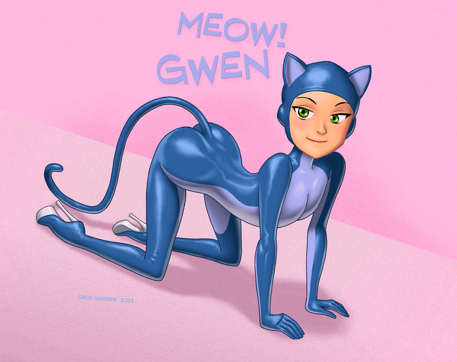 1girl 2013 all_fours ben_10 cat_costume clothed crossdressing drew_gardner_(artist) english_text female female_human female_only green_eyes gwen_tennyson human human_only looking_at_viewer smile solo suit tail text