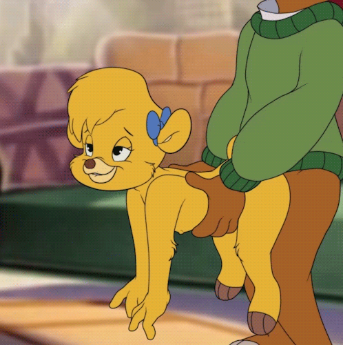1girl ambiguous_penetration anthro bear bottomless bow breasts brown_fur brown_nose clothed clothing cub digital_media_(artwork) disney duo from_behind_position fur furry gif half-closed_eyes kit_cloudkicker male male/female mammal molly_cunningham open_mouth penetration sex sfan smile solo_focus talespin testicles