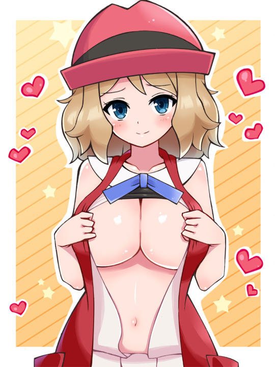big_breasts blush breasts chro_(rulurullu) flashing heart looking_at_viewer pokemon pokemon_(anime) pokemon_xy serena serena_(pokemon) smile undressing