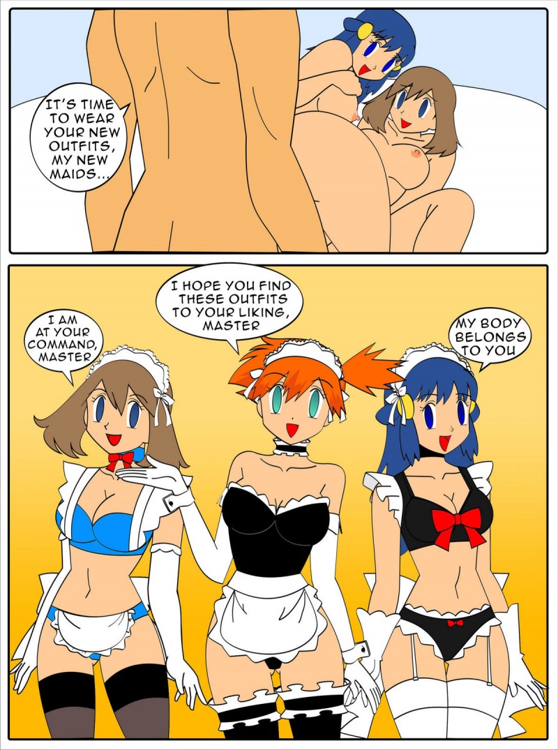 big_breasts blue_hair bottomless breasts brock brown_hair comic dawn empty_eyes femsub hair happy_trance jimryu jimryu_(artist) long_hair maid maledom may misty nude pokemon red_hair short_hair standing_at_attention stockings text topless