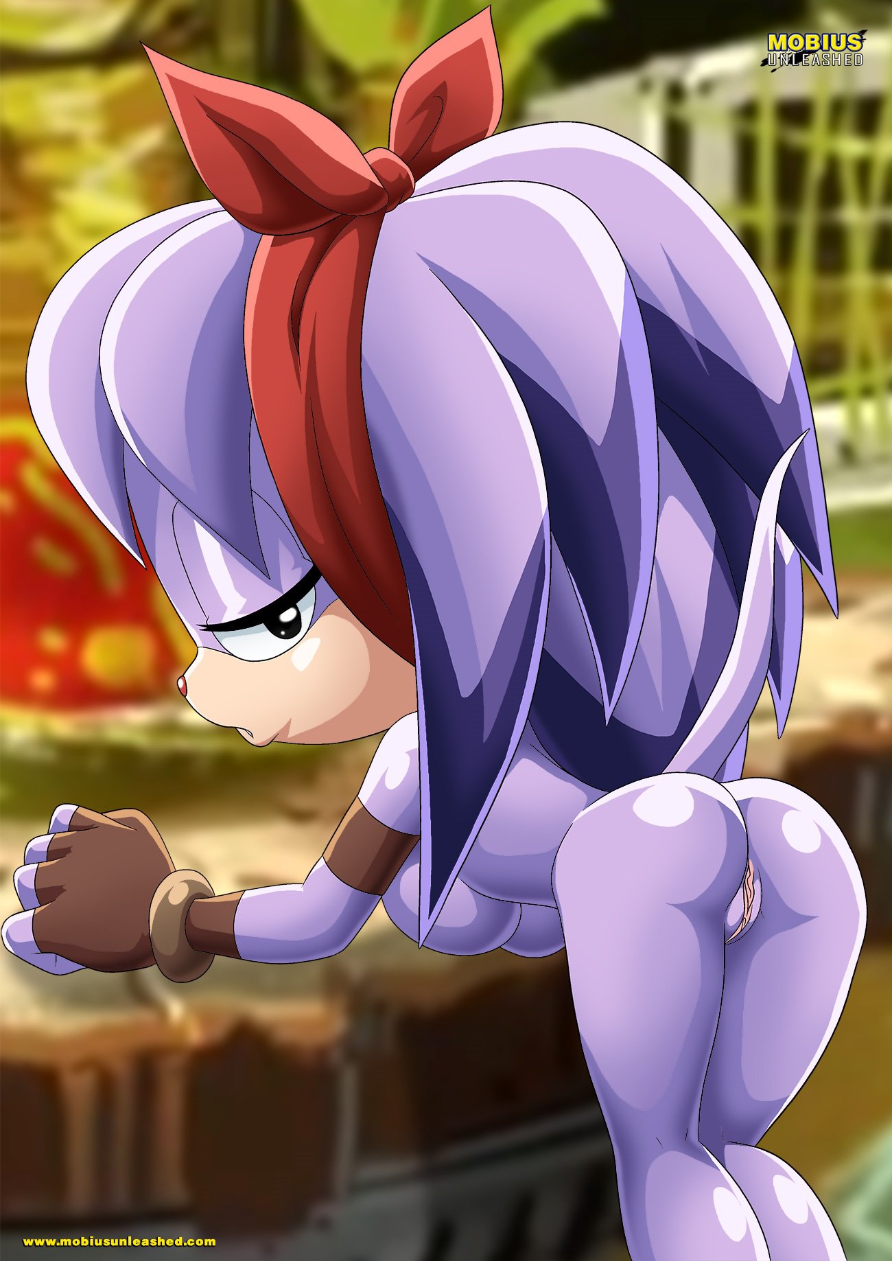 1girl ass bbmbbf bent_over black_eyes breasts furry long_hair looking_at_viewer looking_back mobius_unleashed nude palcomix perci_the_bandicoot purple_hair pussy sega sonic_(series) sonic_boom sonic_the_hedgehog_(series) tail