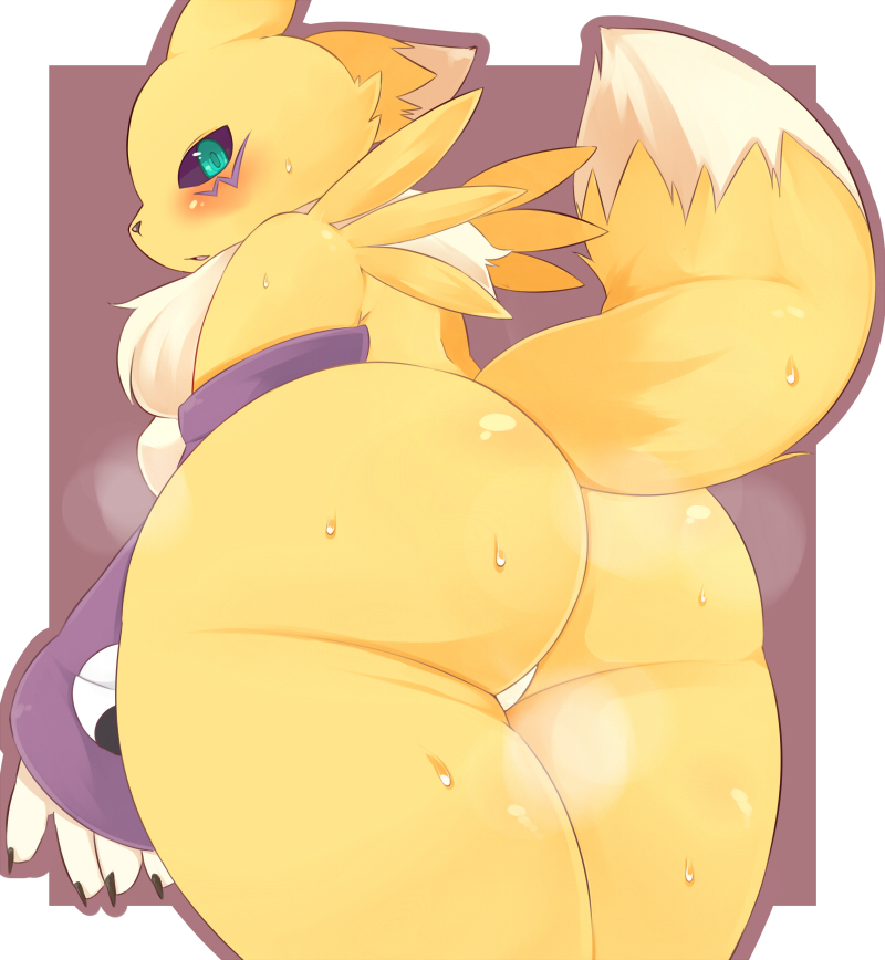 1girl abstract_background akitaka anthro ass big_ass big_thighs black_nose blue_eyes breasts canine clothing digimon facial_markings fox fur furry gloves looking_back mammal markings renamon sideboob simple_background slightly_chubby standing sweat thick_thighs white_fur yellow_fur