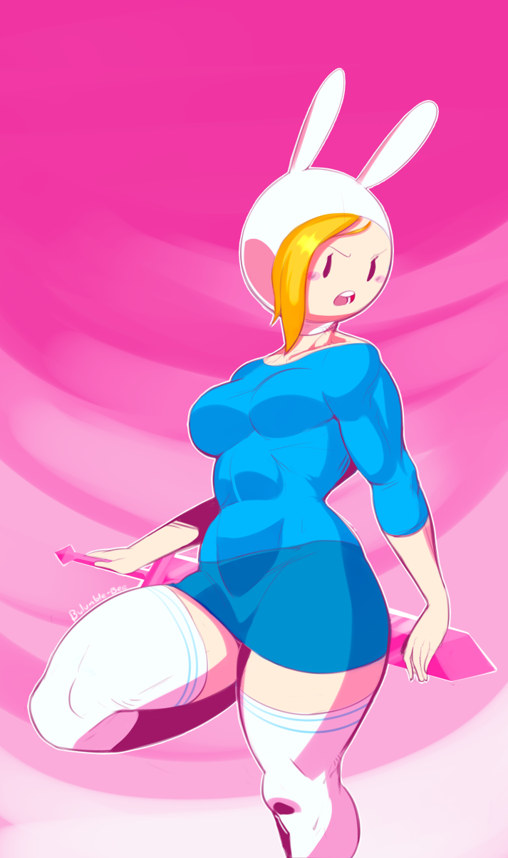 1girl abs adventure_time angry big_breasts blonde_hair blush breasts bulumble-bee cartoon_network female_only fionna_the_human legs muscular muscular_female open_mouth short_hair skirt socks sword thick_thighs weapon wide_hips
