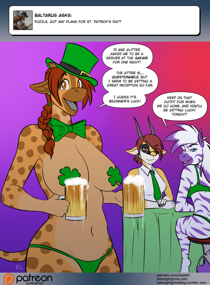 2016 alcohol antelope anthro antlers ask_blog beer beverage big_breasts bikini blue_eyes bow_tie breasts clothed clothing cup diamond_(kadath) ear_piercing equine fur furry gazelle giraffe glitter_(kadath) green_bottomwear hair hat holding_object holidays horn kadath looking_at_viewer mammal neck_tie orange_eyes pasties piercing puzzle_(kadath) red_hair shamrock simple_background st._patrick's_day swimsuit thong topless zebra