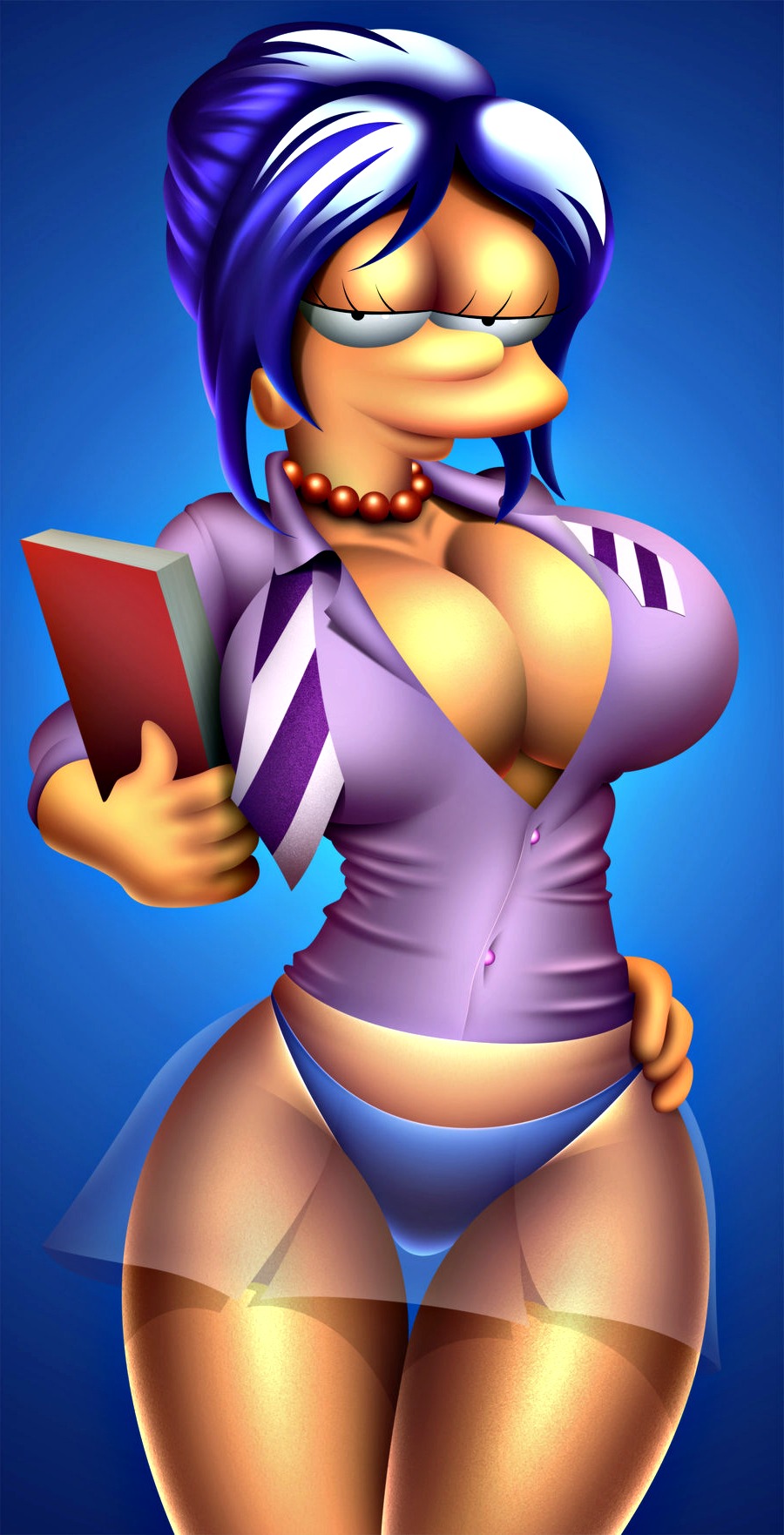 book cleavage marge_simpson neck_tie panties solo stockings the_simpsons yellow_skin
