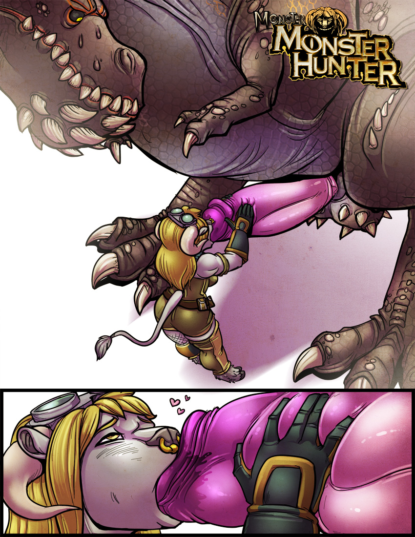 1girl anthro blonde_hair bovine brute_wyvern capcom deviljho dulcine duo erection eyewear facial_piercing feral goggles hair heart horn larger_male male mammal monster monster_hunter nose_piercing nose_ring oral oral_penetration penetration penis piercing scalie septum_piercing shia_(artist) size_difference smaller_female testicles video_games yellow_eyes
