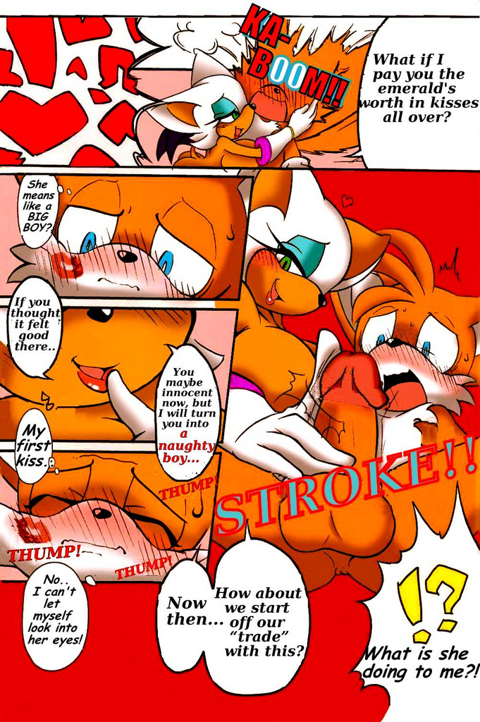 1girl age_difference anthro anus bat big_breasts blue_eyes blush breasts canine cleavage clothed clothing comic cub dialogue digital_media_(artwork) duo english_text erection fox furry hair huge_breasts humanoid_penis kiss_mark lipstick male male/female mammal michiyoshi miles_"tails"_prower orange_hair penis rouge_the_bat sega smile testicles text white_hair wings