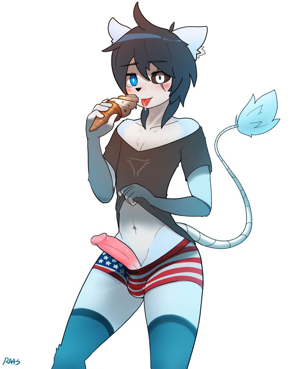1girl american_flag_panties anthro bandage bare_shoulder black_sclera blue_fur blush boxers_(clothing) cat clothed clothing clothing_lift dessert erection feline flashing food front_view frosh fur furry girly heterochromia high_res humanoid_penis ice_cream looking_at_viewer male mammal markings penis poking_out public ra4s saliva shirt shirt_lift shorts shy socks_(marking) standing stars_and_stripes tail_tuft thick_thighs tongue tongue_out tuft underwear united_states_of_america