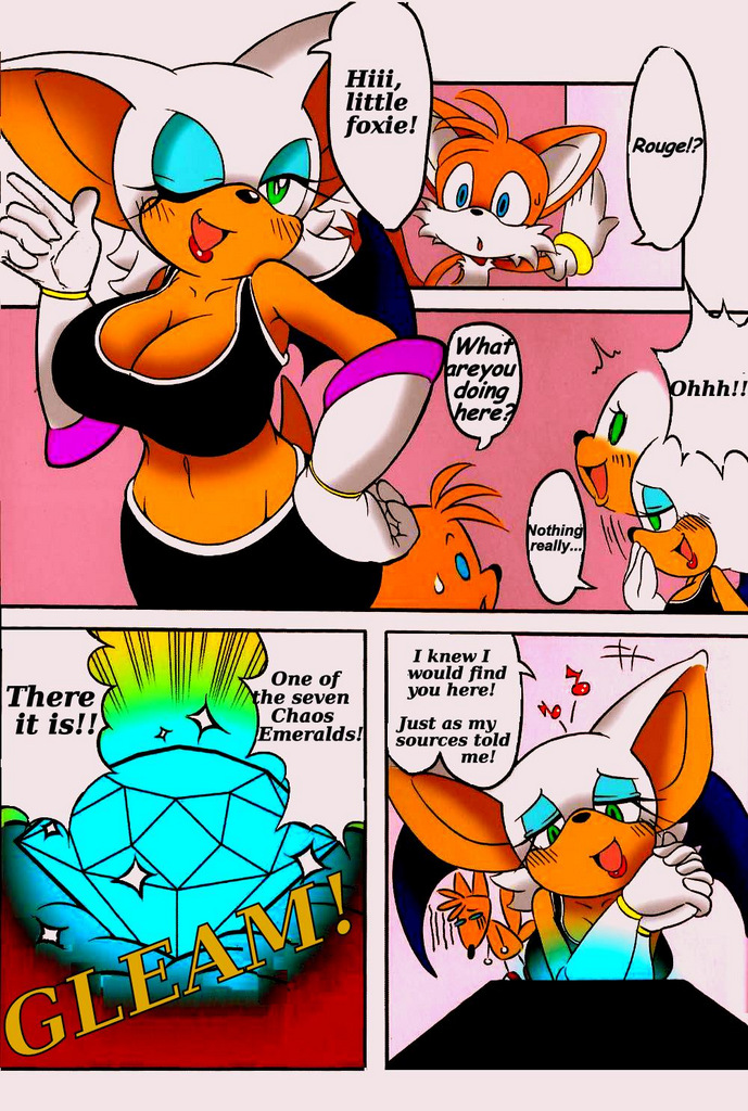 1girl anthro bat big_breasts blue_eyes bra breasts canine chaos_emerald cleavage clothed clothing comic dialogue digital_media_(artwork) duo emerald_(gem) english_text fox furry gem hair male mammal michiyoshi miles_"tails"_prower one_eye_closed orange_hair rouge_the_bat sega smile sports_bra text underwear white_hair wings wink