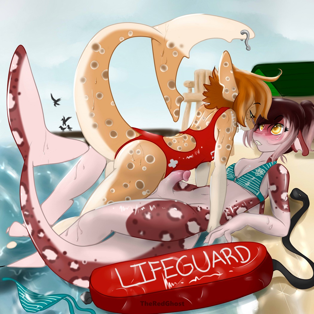 1girl anthro beach bikini blush bottomless clothed clothing crossdressing daryl_(theredghost) erection finn_(theredghost) fish freckles furry ginger girly hair lifeguard lying male marine one-piece_swimsuit original original_character public red_hair rescue seaside shark spots swimsuit theredghost yellow_eyes