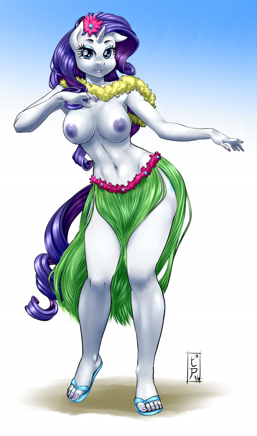 1girl 2016 anthro anthrofied areola belly blue_eyes breasts equine flower flower_in_hair friendship_is_magic furry hair horn long_hair looking_at_viewer mammal midriff my_little_pony navel nipples pia-sama plant plantigrade rarity unicorn white_skin