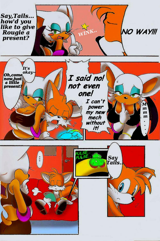 1girl anthro bat big_breasts blue_eyes blush bra breasts canine chaos_emerald cleavage clothed clothing comic dialogue digital_media_(artwork) duo emerald_(gem) english_text fox furry gem hair heart male mammal michiyoshi miles_"tails"_prower orange_hair rouge_the_bat sega smile sports_bra text underwear white_hair wings