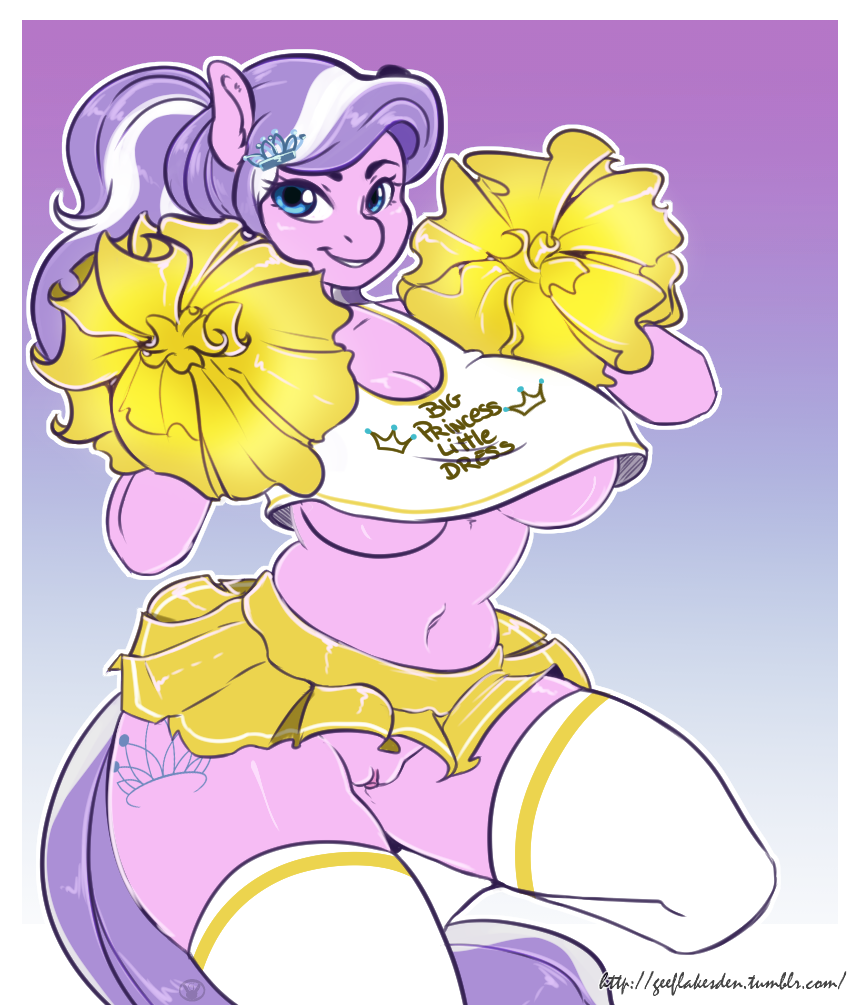 1girl 2016 aged_up anthro anthrofied arnachy belly blue_eyes border breasts cheerleader clothed clothing cutie_mark diamond_tiara_(mlp) earth_pony english_text equine eyelashes friendship_is_magic furry gradient_background hair horse legwear long_hair looking_at_viewer mammal midriff multicolored_hair my_little_pony navel pom_poms pony ponytail purple_hair pussy signature simple_background smile text two_tone_hair underboob white_border white_hair