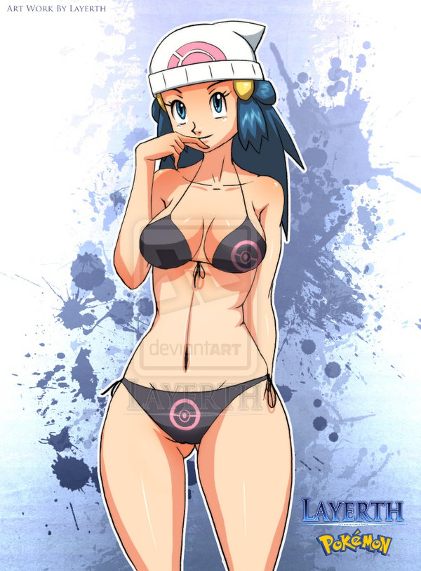 alluring bikini blue_eyes blue_hair bra dawn dawn_(pokemon) hikari_(pokemon) layerth panties pokemon underwear watermark