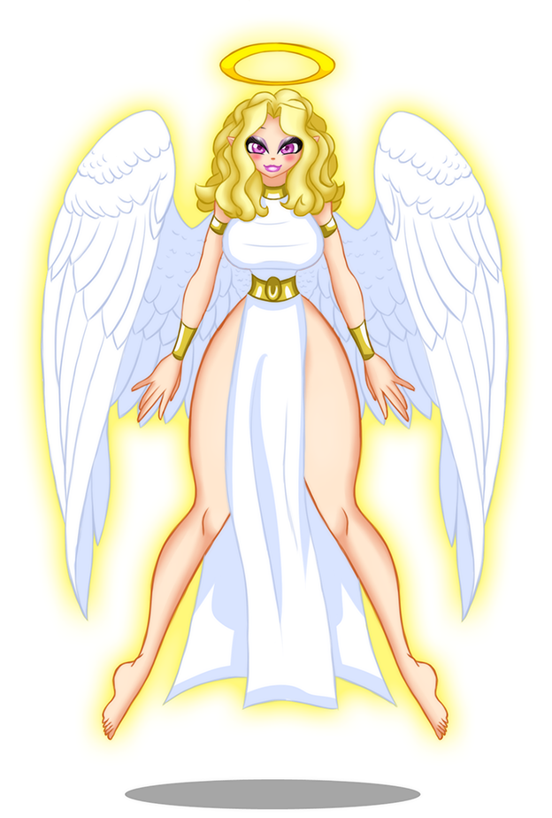 angel big_breasts breasts chess-man chess-man_(artist) comx comx_(artist) female halo purple_eyes solo white_background wings yellow_hair