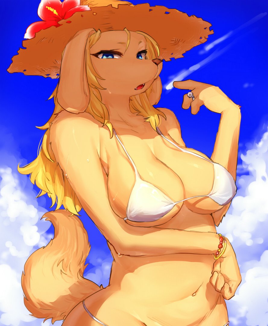 1girl 1girl 4_fingers anthro big_breasts bikini blonde_hair blue_eyes bracelet breasts brown_nose canine cleavage clothed clothing cloud dog fangs flower furry hair hat hibiscus jewelry long_ears long_hair looking_at_viewer mammal navel plant ring sky snout straw_hat suurin sweat swimsuit white_bikini