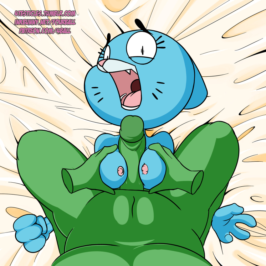 1girl 2016 anthro blue_fur breasts cartoon_network erection feline fourball fur high_res lagomorph male male/female mammal nicole_watterson nipples open_mouth penis the_amazing_world_of_gumball