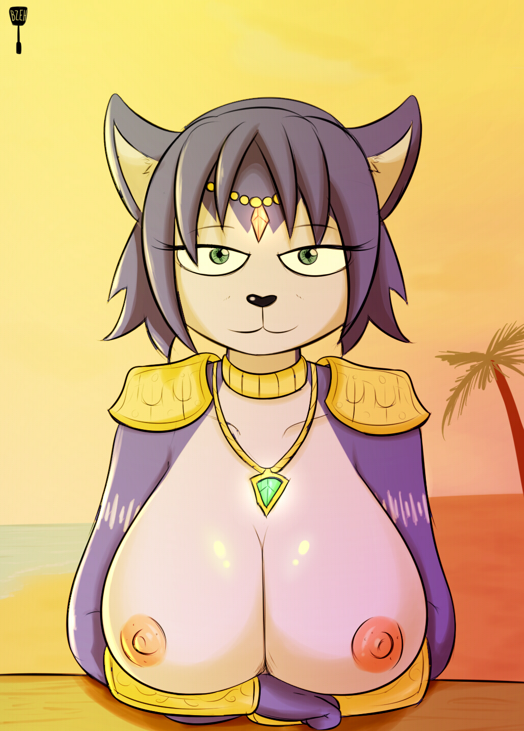 1girl 1girl 2016 anthro big_breasts breasts bzeh canine fox furry green_eyes jewelry krystal looking_at_viewer mammal necklace nintendo nipples smile star_fox video_games