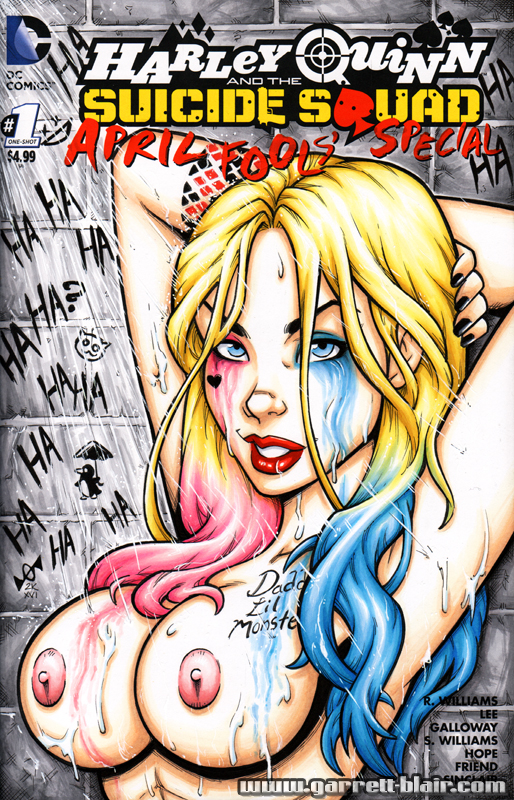 1girl arms_behind_head arms_up batman_(series) black_nails blonde blue_eyes breasts comic_cover dc_comics dyed_hair female_only garrett_blair hands_behind_head harley_quinn looking_at_viewer makeup multicolored_hair nipples nude parted_lips running_makeup runny_makeup shower solo_female suicide_squad tattoo upper_body wet wet_hair