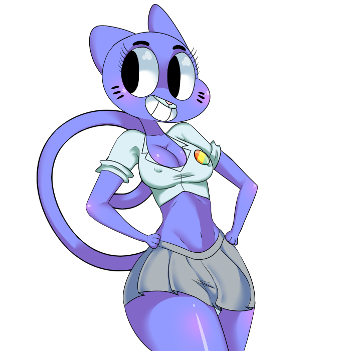 1girl 1girl anthro blue_fur blush breasts cartoon_network cat cleavage clothed clothing feline flutteringpie fur furry looking_away mammal mature_female midriff milf navel nicole_watterson panties parent skirt smile the_amazing_world_of_gumball underwear