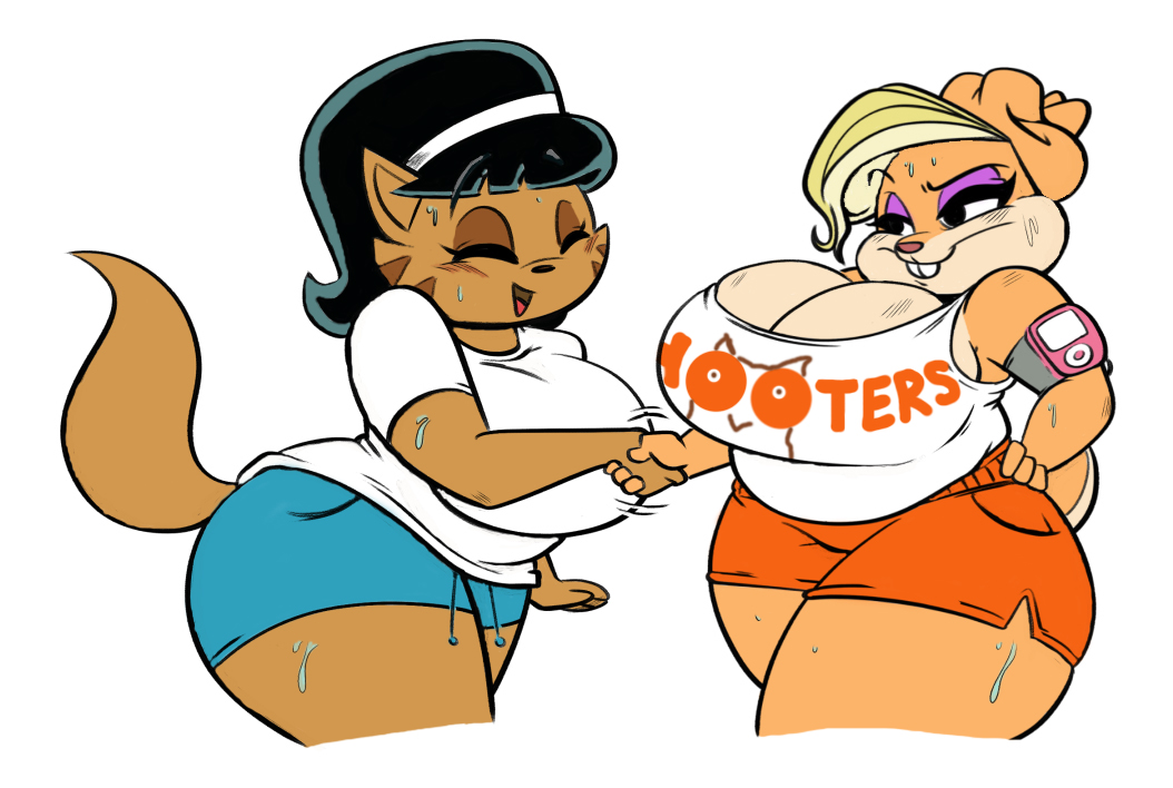 1girl 2016 anthro armpits big_breasts breasts cat cleavage clothed clothing crossover duo feline furry huge_breasts joelasko lagomorph mammal mature_female mrs._katswell nickelodeon overweight patricia_bunny rabbit smile sweat t.u.f.f._puppy