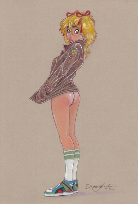 1girl ass blonde_hair bottomless breasts bubble_butt dean_yeagle full_body green_eyes sexy_ass shiny shiny_skin smile tan tan_line twin_tails