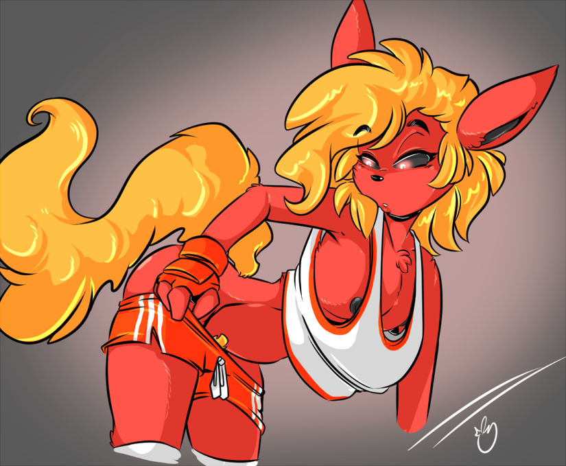 1girl anthro armpits black_sclera blonde_hair canine cinnamon_swirl clothed clothing duckdraw eeveelution fingerless_gloves flareon flat_chested fluffy_tail furry gloves hair nintendo nipples pokemon pubic_hair shirt shorts simple_background video_games wide_hips