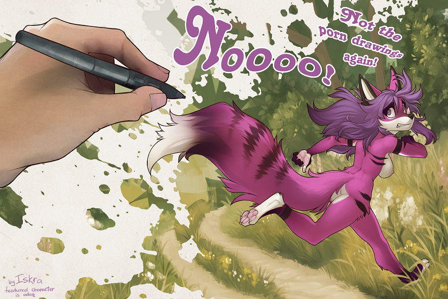 1girl 4_toes 5_fingers anthro bare_back black_nose breasts canine detailed_background english_text fluffy_tail fox fur furry grass hair iskra looking_back mammal nude pen purple_eyes purple_fur purple_hair running selene_(boha) sideboob text toes wide_hips