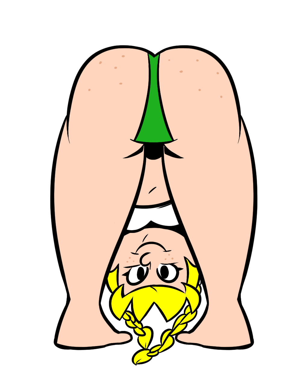 1girl ass bent_over big_ass black_eyes blonde_hair bow freckles green_panties justindurden maria_(my_dad_the_rock_star) mooning my_dad_the_rock_star panties smile tank_top thong twin_tails white_background wide_hips
