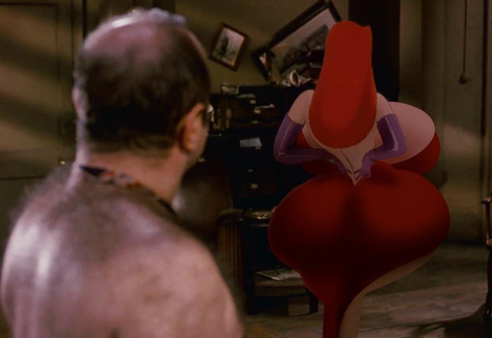 1boy breast_expansion butt_expansion disney earrings eddie_valiant gigantic_ass gigantic_breasts jessica_rabbit kecomaster photoshop red_dress red_hair who_framed_roger_rabbit