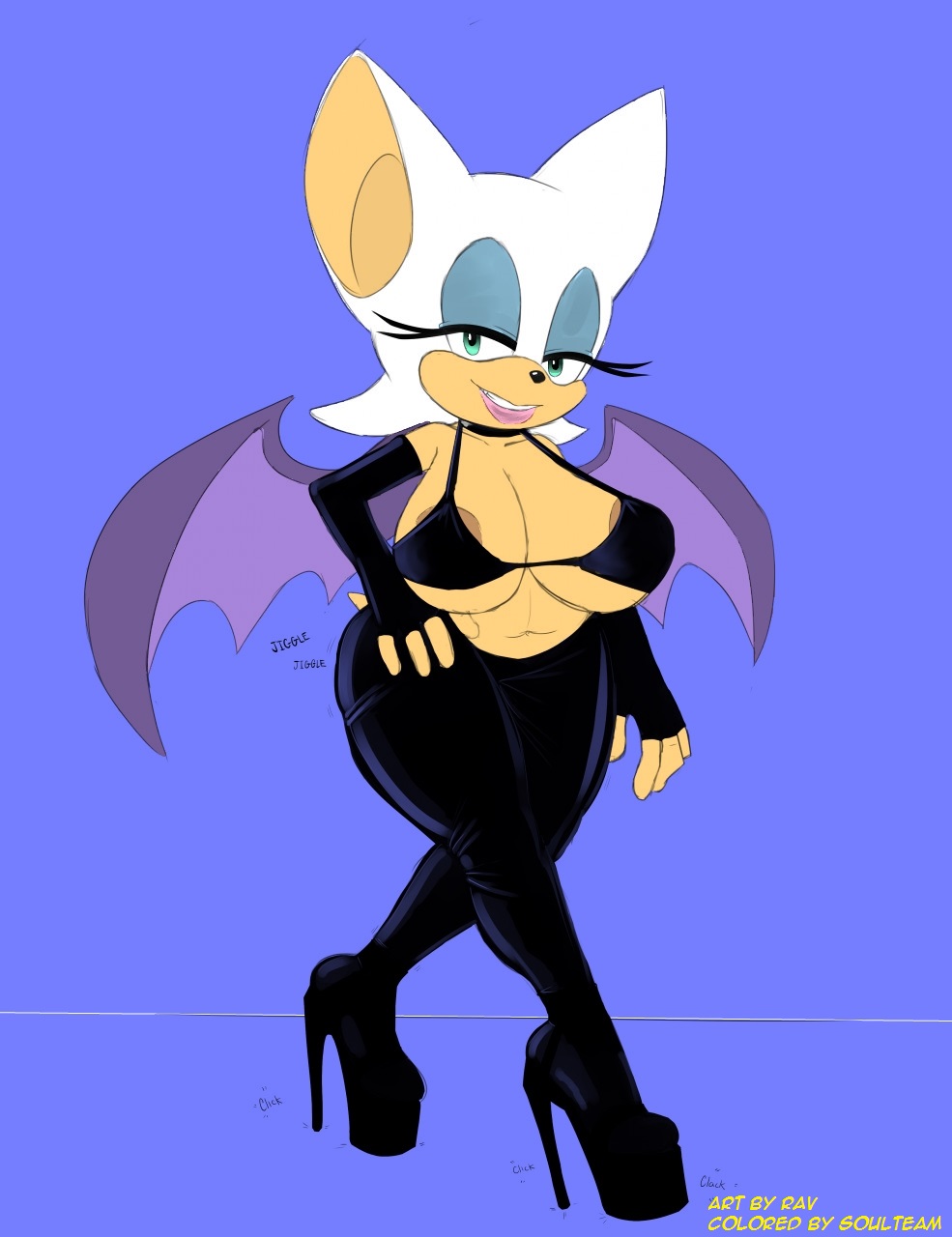 1girl anthro areola bat breasts cleavage clothed clothing female female_only furry high_res huge_breasts looking_at_viewer mammal nipple_slip ravnic rouge_the_bat sega smile sonic_(series) soulteam wide_hips wings