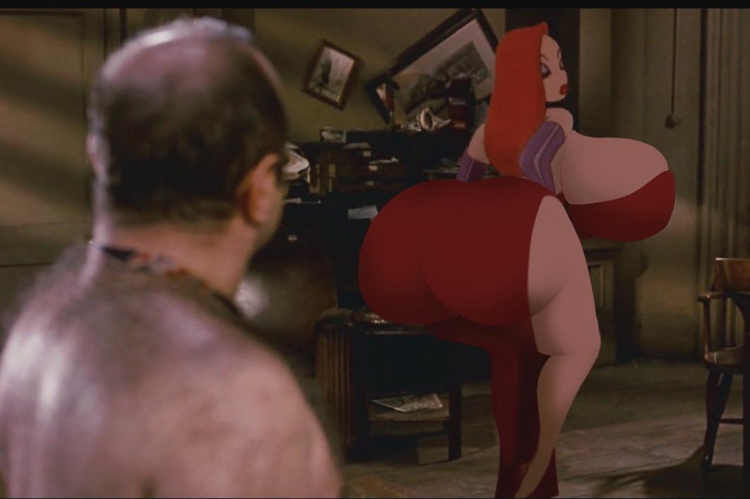 1boy breast_expansion butt_expansion disney earrings eddie_valiant gigantic_ass gigantic_breasts green_eyes jessica_rabbit kecomaster photoshop red_dress red_hair who_framed_roger_rabbit