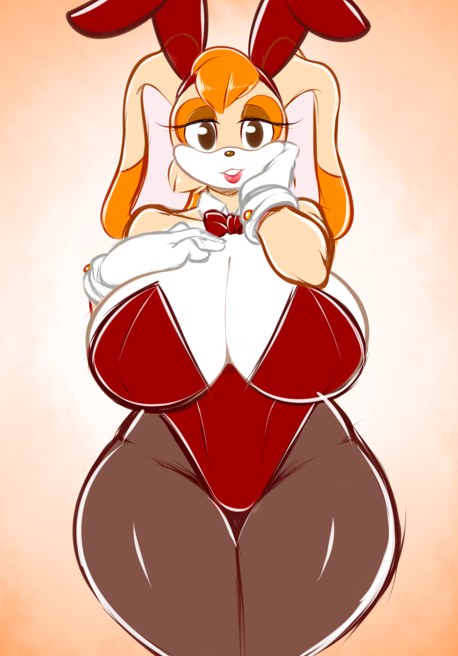 1girl anthro averyshadydolphin big_breasts breasts bunny_costume cleavage clothed clothing front_view furry gloves hair hand_on_breast high_res looking_at_viewer milf orange_hair ribbons sega simple_background sonic_(series) thick_thighs vanilla_the_rabbit wide_hips