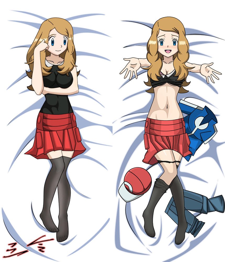 1girl :) :d alluring arm arms art ash_ketchum babe bare_arms baseball_cap baseball_cap_removed bed bed_sheet big_breasts black_legwear black_panties black_shirt blue_eyes blush breast_hold breasts clothes_removed collarbone collared_shirt dakimakura from_above full_body hair happy hat hat_removed headgear highres light_brown_hair long_hair lying midriff multiple_views navel nintendo on_back open_mouth outstretched_arms panties panties_aside pantyshot pokemon pokemon_(anime) pokemon_(game) pokemon_xy red_skirt satoshi_(pokemon) serena serena_(pokemon) shirt skirt sleeveless sleeveless_shirt smile stockings twitter undressing zaizaiwangwang