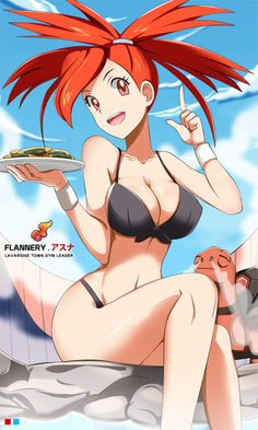 alluring asuna_(pokemon) bikini blush breasts flannery food hot_spring pokemon pose smile springs torkoal wink