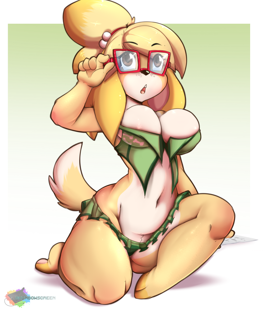 1girl 1girl 5_fingers animal_crossing anthro armpits blonde_hair breasts canine clothed clothing dog eyewear fur furry glasses hair isabelle_(animal_crossing) mammal midriff navel nintendo rainbowscreen simple_background sitting tan_fur video_games white_background wide_hips
