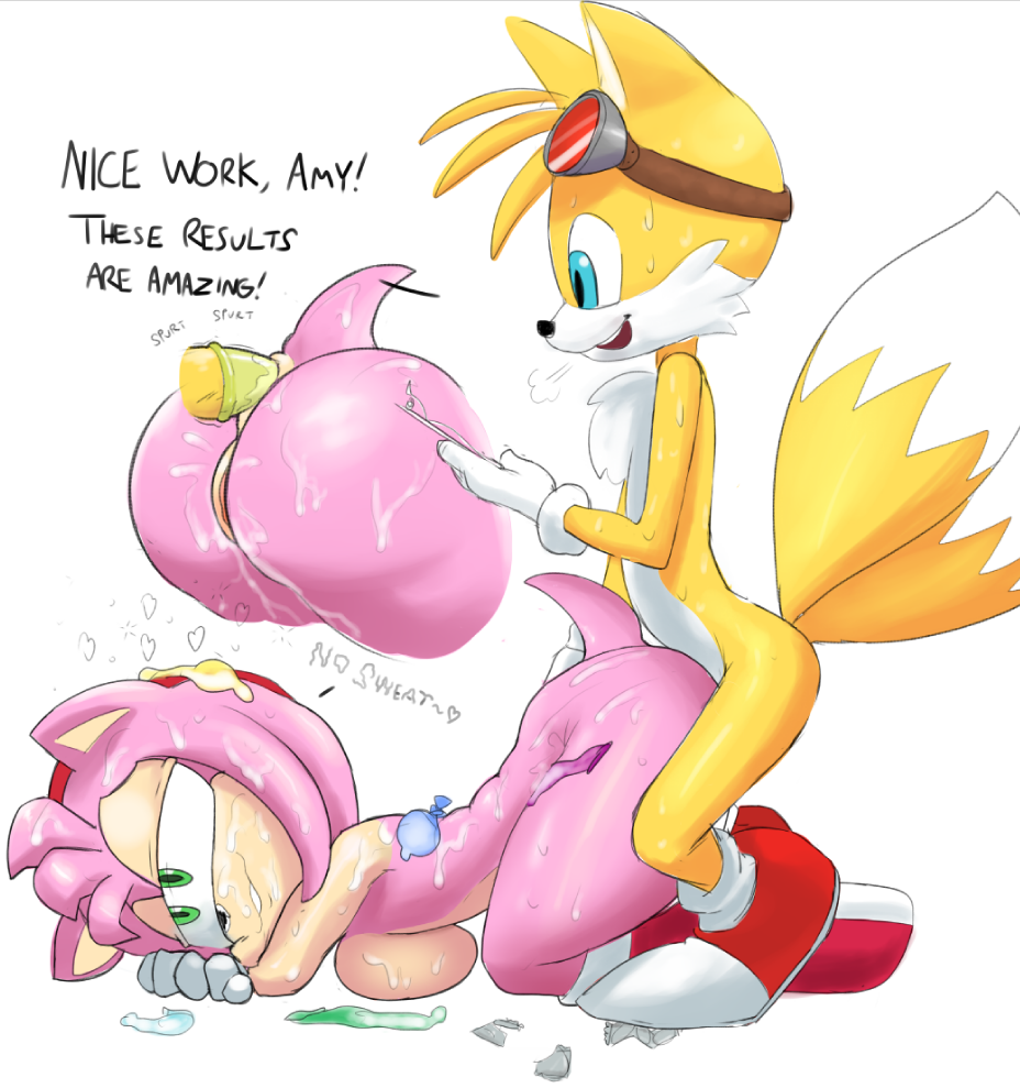 1girl amy_rose anal anthro breasts canine condom duo english_text fox furry hedgehog male mammal miles_"tails"_prower penis pussy sega sex sonic_boom text