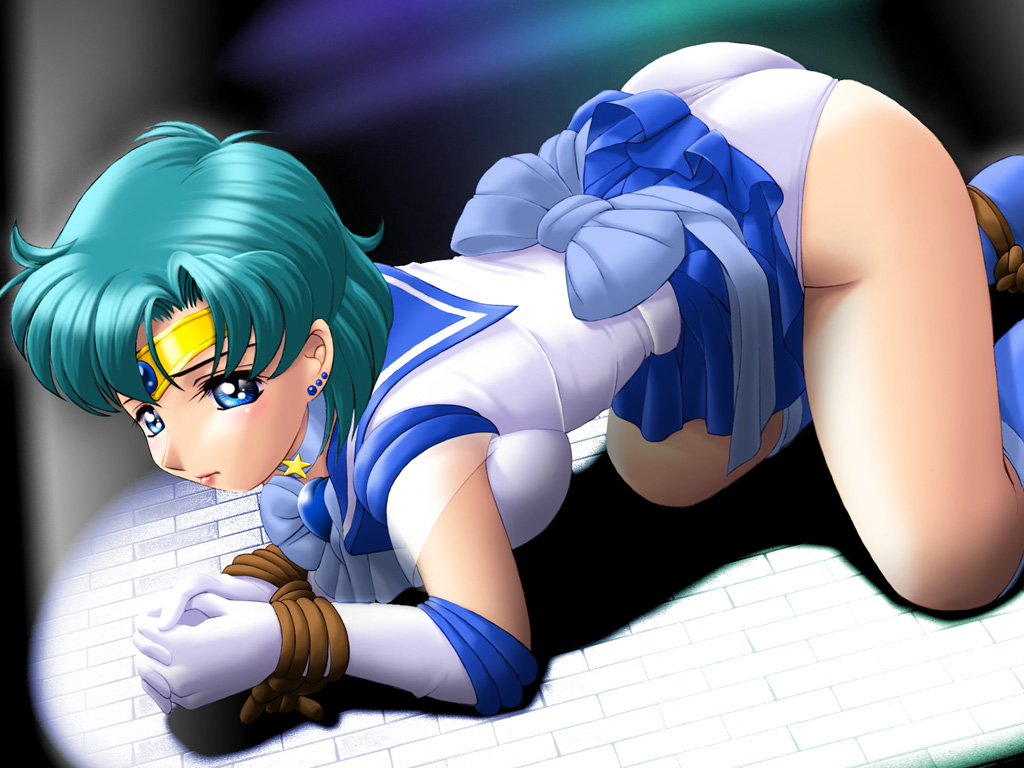 1_female 1_human 1girl all_fours ami_mizuno artist_request bishoujo_senshi_sailor_moon blue_hair boots bound clothed earrings female female_human female_only gloves hair human human_only leotard looking_at_viewer makeup ribbon sailor_mercury serafuku skirt skirt_lift solo solo_female source_request