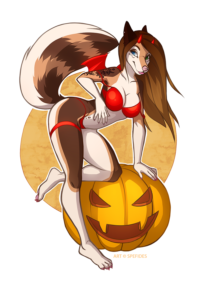 1girl 5_fingers anthro barefoot bent_over breasts brown_fur brown_hair canine clothing dog female_only food fruit full_body fur furry furry_only hair halloween heterochromia jack-o'-lantern long_hair mammal midriff original original_character pink_nose pumpkin simple_background solo_female spefides standing tan_fur white_fur wide_hips