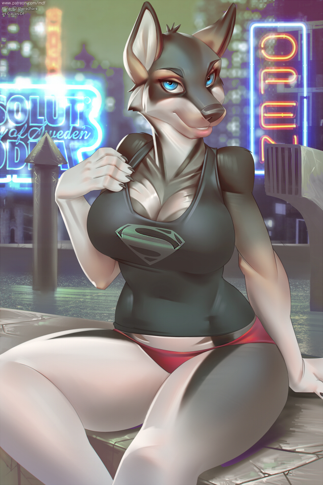 1girl 2016 anthro big_breasts black_fur blue_eyes breasts brown_fur canine city cleavage clothed clothing dc_comics english_text female_only fur furry grey_fur light looking_at_viewer mammal miles-df miles_df panties shirt sitting smile text underwear white_fur