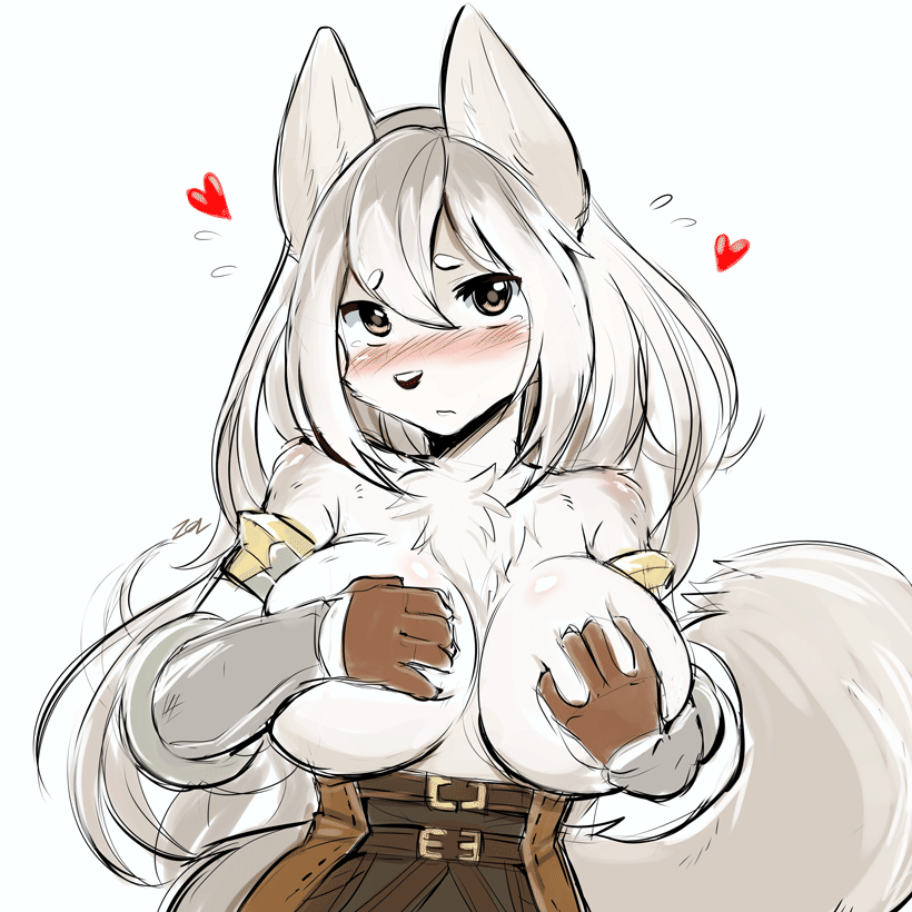 1girl anthro big_breasts blush breast_grab breasts canine clothed clothing furry gif hand_on_breast heart huge_breasts looking_at_viewer mammal simple_background sketch sollyz white_background