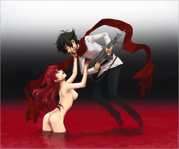 1boy 1girl ak-74 arched_back ass assault_rifle blood blood_on_face bloody_hands breasts floating from_side gun gundam gundam_00 long_hair nena_trinity nipples nude pool_of_blood red_hair rifle setsuna_f_seiei standing wading watermark weapon web_address web_address_with_path yellow_eyes