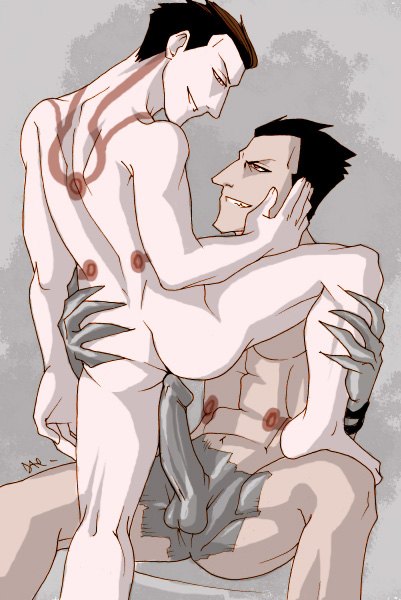 2boys abs ass back black_hair character_request claws daevakun frank_archer fullmetal_alchemist greed grin hand_on_another's_cheek hand_on_another's_face homunculus male male_focus multiple_boys nude pale_skin penis short_hair smile spiked_hair tattoo yaoi zolf_j_kimbley