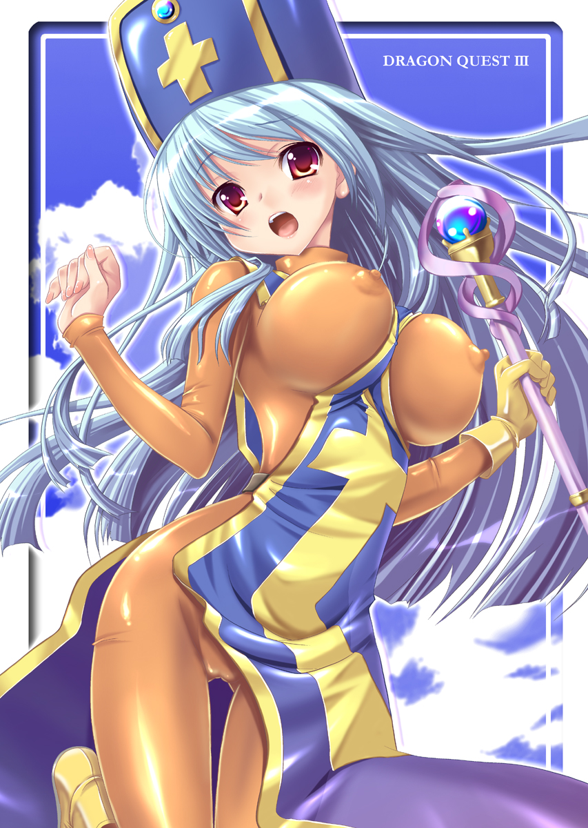 1girl alto_seneka blue_hair bodysuit breasts breasts_outside cameltoe chunsoft cloud dragon_quest dragon_quest_iii enix erect_nipples female_priest_(dq3) gloves hat highres latex latex_gloves latex_suit long_hair mitre priest priest_(dq3) red_eyes shiny shiny_clothes skin_tight solo souryo_(dq3) tabard tight