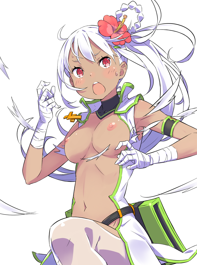 1girl asymmetrical_hair bandages bare_shoulders breasts breasts_out_of_clothes dark_skin dungeons_&amp;_princess flower game_cg green_hairband hair_flower hair_ornament hairband hibiscus long_hair medium_breasts nipples official_art ootsuka_shinichirou ponytail side_ponytail silver_hair tied_hair torn_clothes transparent_background ぷらしぼ ウィミル 竹生 褐色
