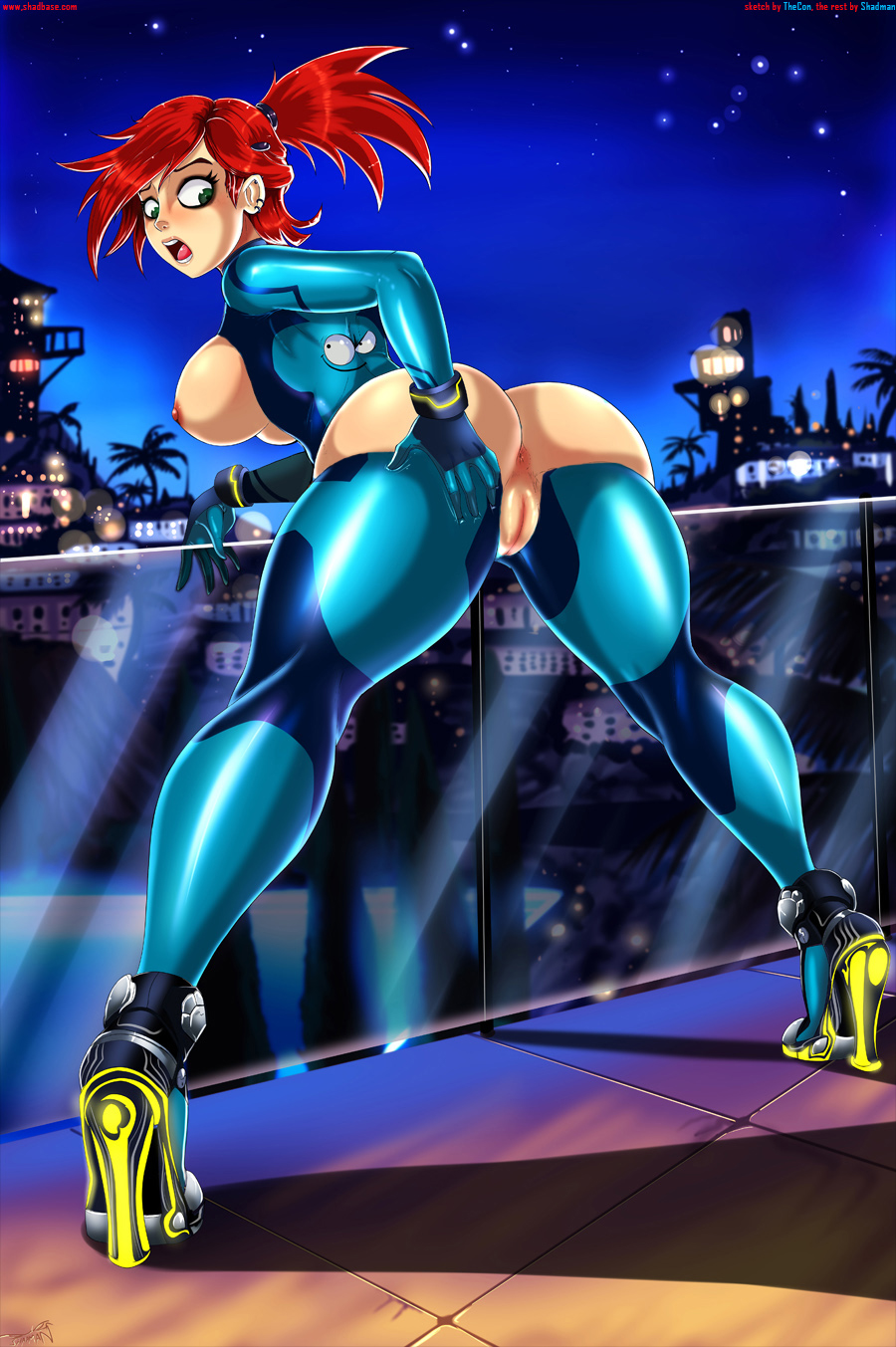 anus ass bent_over big_ass big_breasts bloo bodysuit breasts brown_eyes deathsinner77 edit erect_nipples foster's_home_for_imaginary_friends frankie_foster high_heels looking_back metroid nintendo nipples pussy red_hair shadman surprised zero_suit