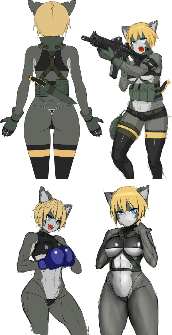 1girl anthro ass blonde_hair blue_eyes booster-yoshy3 boxing_gloves breasts cat clothed clothing fan_character feline fur furry gloves gun hair knife looking_at_viewer mammal open_mouth panties rakgaki ranged_weapon simple_background smile teeth tongue underboob underwear weapon white_background
